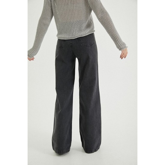 90 s Koyu Mavi Likralı Süper Yüksek Bel Salaş Jeans Palazzo Pantolon Wide Leg