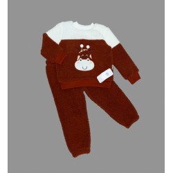 1-2-3 Yaş Ponponlu Zürafa Desenli Kuzu Kumaş Uzun Kollu 2li Kız Erkek Çocuk Takımı