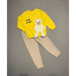 2-3-4 Yaş Ayıcık Sallanan Ayak Desenli Likra Penye Kumaş Sweat Pantolonlu Kız Erkek 2li Çocuk Takımı