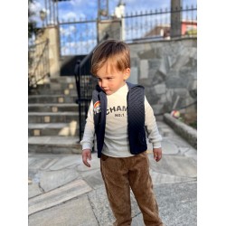 3-4-5 Yaş Fitilli Kadife Pantolon Kapitone Kapşonlu Yelek Uzun Kollu Sweat 3lü Erkek Çocuk Takımı