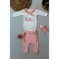 3-6 6-9 9-12 Ay Hello Nakışlı Kruvaze Bandanalı Uzun Kollu Zıbınlı 3lü Kız Bebek Takımı