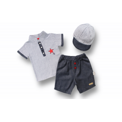 6-9 9-12 12-18 Ay Vip Yaka Şapkalı Kısa Kollu Sweat 3lü Erkek Bebek Takımı