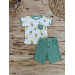 3-6 6-9 9-12 Ay Ananas Baskılı Şort Tişört 2 Li Kız Erkek Bebek Takımı