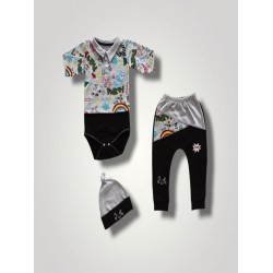 6-9 12-18 18-24 Ay Power Kedi Nakışlı Uzun Kollu Zıbınlı Şapkalı  3lü Kız Erkek Bebek Takımı