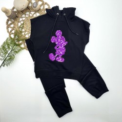 3-4-5 Yaş Kapşonlu Payetli Mickey Desenli Kısa Kol 2li Kız Erkek Çocuk Takımı