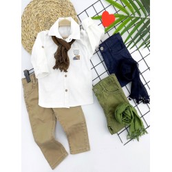 9-12-18-24 Ay Ve 3-4-5 Yaş Fularlı Pamuk Keten Gömlekli Pantolonlu 3lü Erkek Bebek Takımı