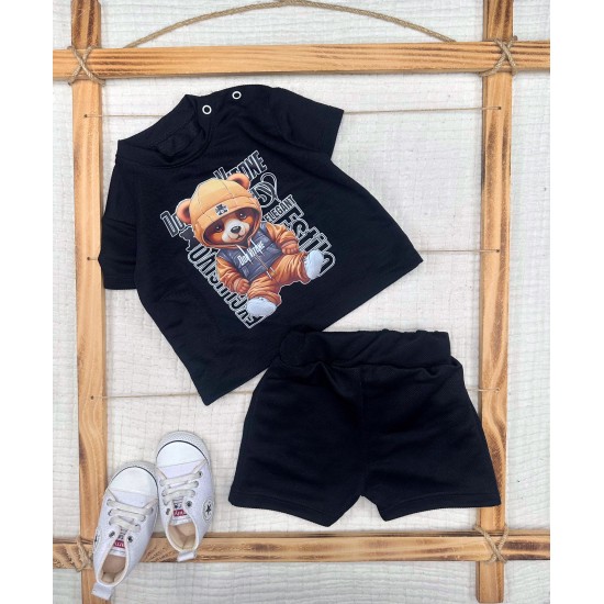 9-12-18-24 Ay Dansçı Ayıcık Baskılı Şortlu Kısa Kollu Tişört 2li Erkek Bebek Takımı