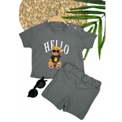 9-12-18-24 Ay Hello Gözlüklü Ayıcık Baskılı Şortlu Kısa Kollu Tişört 2li Erkek Bebek Takımı