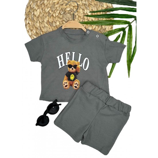 9-12-18-24 Ay Hello Gözlüklü Ayıcık Baskılı Şortlu Kısa Kollu Tişört 2li Erkek Bebek Takımı