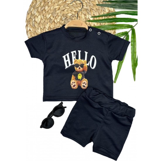 9-12-18-24 Ay Hello Gözlüklü Ayıcık Baskılı Şortlu Kısa Kollu Tişört 2li Erkek Bebek Takımı