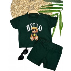 9-12-18-24 Ay Hello Gözlüklü Ayıcık Baskılı Şortlu Kısa Kollu Tişört 2li Erkek Bebek Takımı