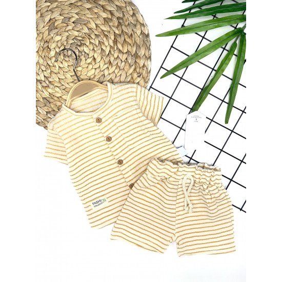 9-12-18-24 Ay Düğme Detaylı Çizgili Müslin Kumaş Yazlık 2li Erkek Bebek Takımı