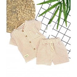 9-12-18-24 Ay Düğme Detaylı Çizgili Müslin Kumaş Yazlık 2li Erkek Bebek Takımı