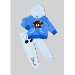 2-3-4 Yaş Pelüş Ayı Desenli Kapşonlu Uzun Kollu Penye Sweat 2li Erkek Çocuk Takımı