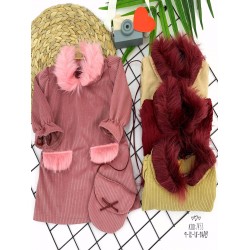 9-12-18-24 Ay Tüylü Yaka Ve Cep Kapaklı Çantalı Fitilli Kadife Uzun Kollu 2li Kız Bebek Elbisesi