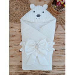 Yenidoğan Beyaz Wool Yün Kumaş Ayıcık Kulaklı Kundak Bebek Battaniyesi Yenidoğan Beyaz Wool Yün Kumaş Ayıcık Kulaklı Kundak Bebek Battaniyesi