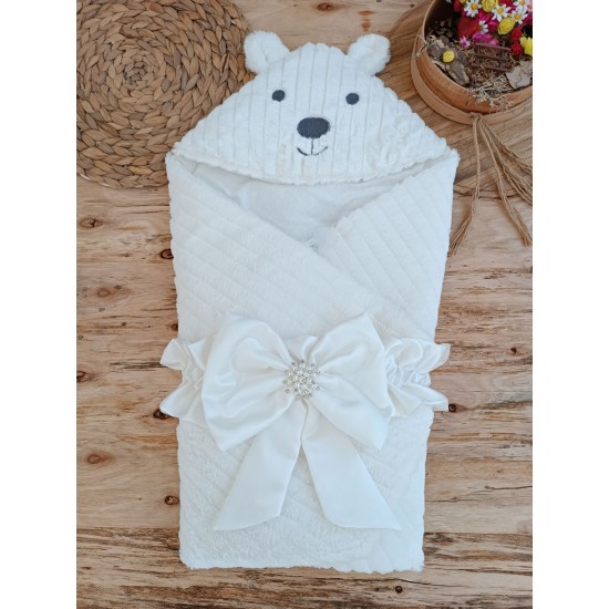 Yenidoğan Beyaz Wool Yün Kumaş Ayıcık Kulaklı Kundak Bebek Battaniyesi