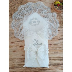 Yenidoğan Pamuk Taç Benim Prensim Nakışlı Trilüks Kundak Bebek Battaniyesi