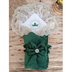 Yenidoğan Saray Kadife Taç Nakışlı İnci Fiyonklu Çift Dantel Duvak Trilüks Kundak Bebek Battaniyesi