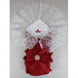 Yenidoğan Saray Kadife Taç Nakışlı İnci Fiyonklu Dantel Duvak Trilüks Kundak Bebek Battaniye