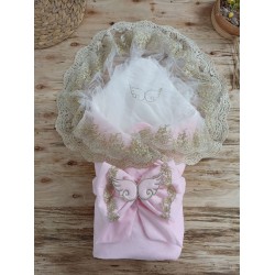 Yenidoğan Soft Kumru Melek Kanat Fiyonklu Gold Çift Dantel Duvaklı Trilüks Kundak Bebek Battaniyesi