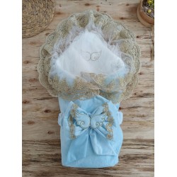 Yenidoğan Soft Kumru Melek Kanat Fiyonklu Gold Çift Dantel Duvaklı Trilüks Kundak Bebek Battaniyesi