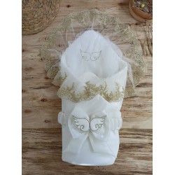 Yenidoğan Shine Kumru Melek Kanat Fiyonklu Gold Dantel Duvaklı Delüks Kundak Bebek Battaniyesi