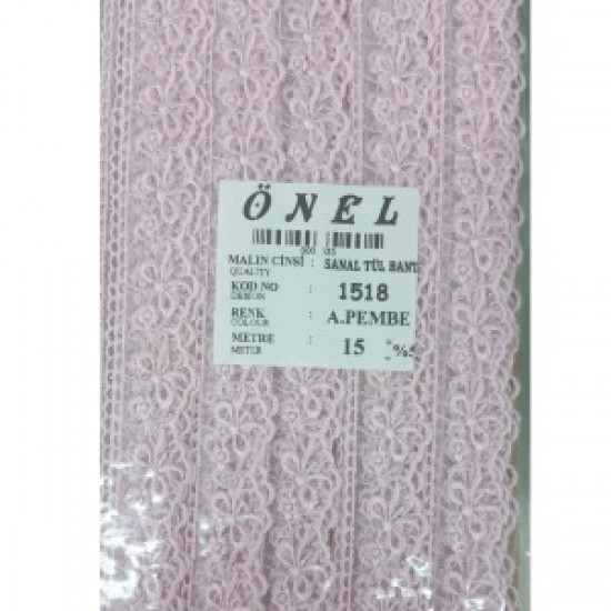 Dantel Polyester Sanal Tül Bant Açık Pembe 15 Metre En 3 Cm On-1518-ap