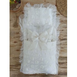 Yenidoğan İzmir İncisi Tül İşlemeli Pamuklu Fiyonklu Kundaklı Lüks 3lü Alt Açma Seti