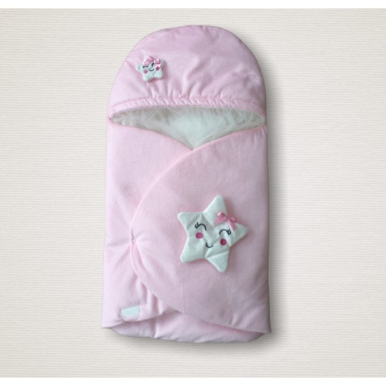 Yenidoğan Çift Yıldız Detaylı Şapkalı Duvaklı Kız Bebek Klasik Kundak Bebek Battaniyesi