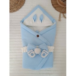 Yenidoğan 4 Kat Müslin Kumaş Kulaklı Patili Fiyonk Bebek Battaniyesi Kundak