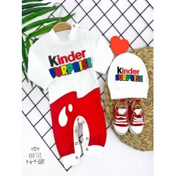 3-6-9-12 Ay Kinder Surprise Baskılı Çıtçıt Kapamalı Şapkalı 2li Kız Erkek Bebek Tulumu