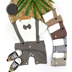 3-6-9-12 Ay Papyon Detaylı Çizgili Salopet Görünümlü Erkek Bebek Tulumu