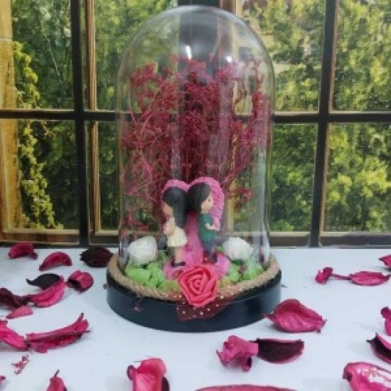 Fanus Teraryum Sevgiliye Hediye Kalp İçinde Sevgililer Temalı Kuru Çiçekli