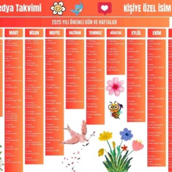 2025 Kişiye Özel Sosyal Medya Takvimi - Özel Günlerle Dolu Eğlenceli Duvar Afişi Bahar