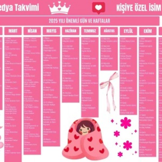 2025 Kişiye Özel Sosyal Medya Takvimi - Özel Günlerle Dolu Eğlenceli Duvar Afişi Pembe