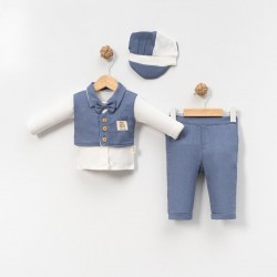 6-9-12-18 Ay Yelek Detaylı Kasketli Uzun Kollu Mevsimlik 3 Lü Erkek Takımı