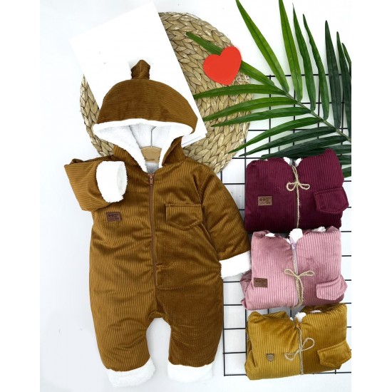 3-6-9-12 Ay Fermuar Kapamalı Kadife Kumaş İçi Tüylü Kız Erkek Bebek Tulumu