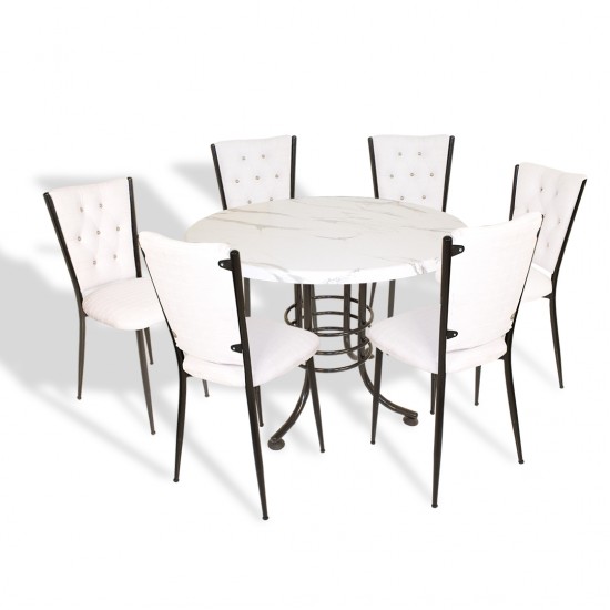 Buket Mega Werzalit Yuvarlak - Kapitoneli Mutfak Masa Takımı Q107 - Afyon Marble Beyaz