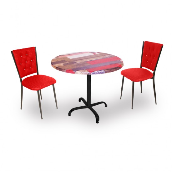 Indigo Werzalit Yuvarlak - Kapitoneli 2li Masa Takımı (90 cm çap) - Red Wood Kırmızı