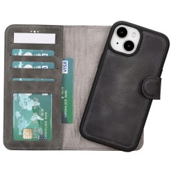 Apple iPhone 15 Uyumlu Deri Cüzdanlı Kılıf MWWN VS4EF Gri