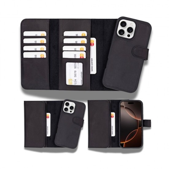 Apple iPhone 16 Pro Max uyumlu, Hakiki Deri, El Yapımı, Cüzdanlı Kılıf, Mat Siyah Apple iPhone 16 Pro Max uyumlu, Hakiki Deri, El Yapımı, Cüzdanlı Kılıf, Mat Siyah