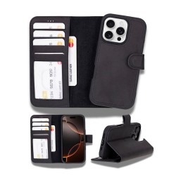 Apple iPhone 16 Pro Max uyumlu, Hakiki Deri, El Yapımı, Cüzdanlı Kılıf, Mat Siyah