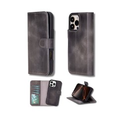 Apple iPhone 16 Pro uyumlu, Hakiki Deri, El Yapımı, Cüzdanlı Kılıf, Gölgeli Gri