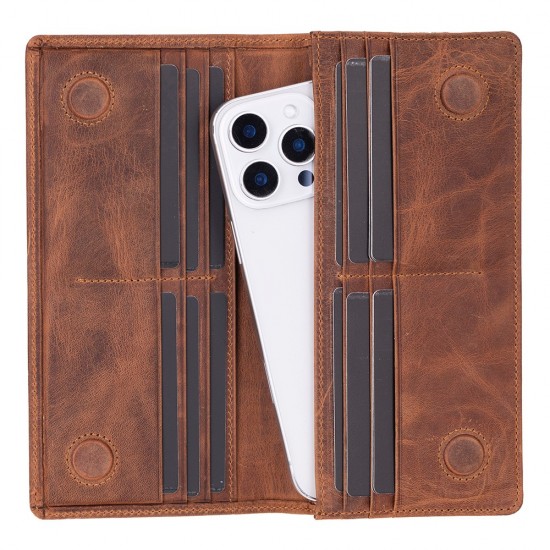 Aura Hakiki Deri, El Yapımı, Telefon Bölmeli, Kadın Cüzdanı, Açık Kahve