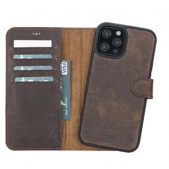 Apple iPhone 13 Pro Max Uyumlu Deri Cüzdanlı Kılıf G6 Kahverengi