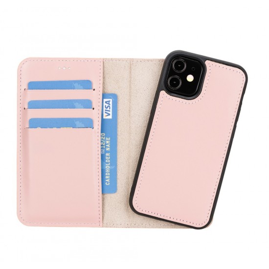 Apple iPhone 12 mini Uyumlu Deri Cüzdanlı Kılıf NU2 Pembe