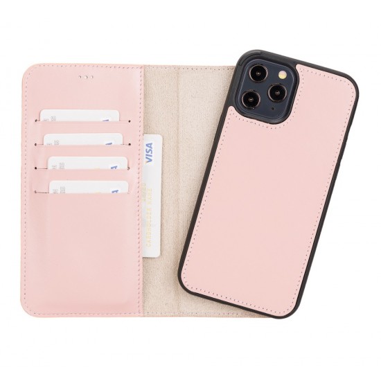 Apple iPhone 12 Pro Max Uyumlu Deri Cüzdanlı Kılıf NU2 Pembe