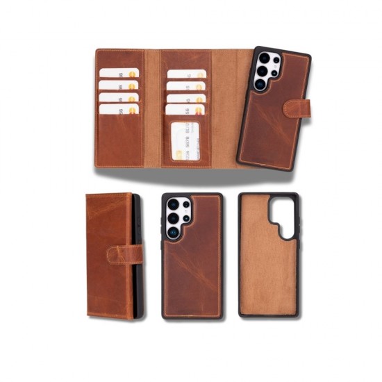 Samsung Galaxy S25 Ultra uyumlu, Hakiki Deri, El Yapımı, Cüzdanlı Kılıf, Karamel